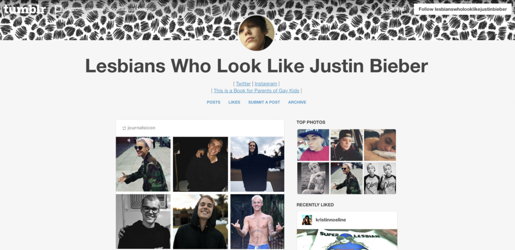 A screenshot from the Lesbians Who Look Like Justin Bieber Tumblr page, which is, as you can guess, a place where you can find lesbians that look like Justin Bieber.