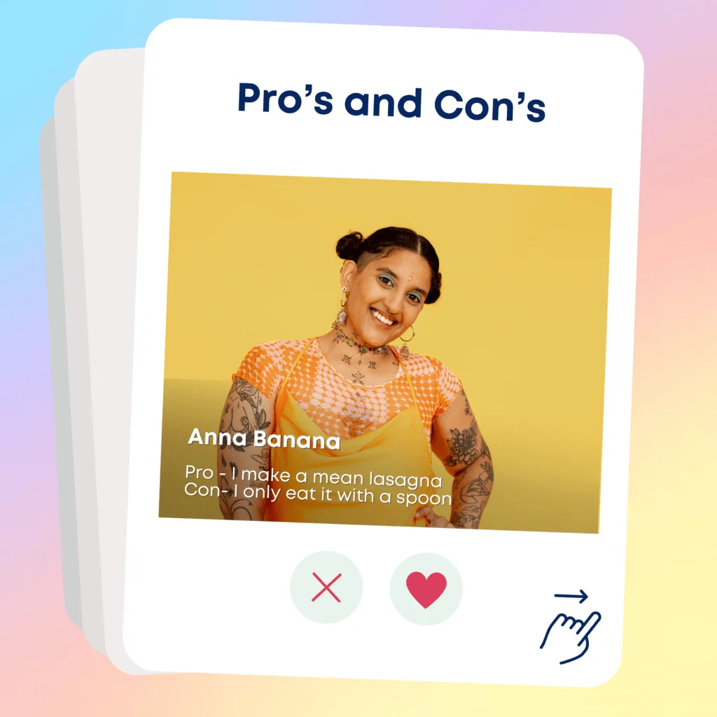 Dating profile of a person called “Anna Banana” with a bio that reads “ Pro - I make a mean lasagna. Con - I only eat it with a spoon.”