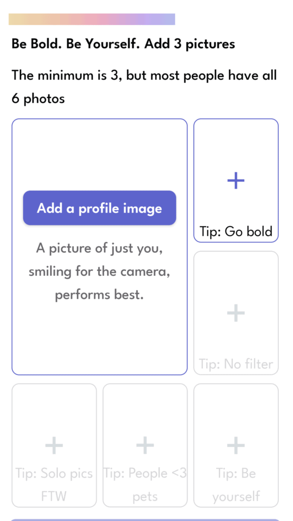 First three profile creation pages on the HER app. The first page asks for your name, birthday, and email. The second page says to add a minimum of 3 photos and up to 6. The third one says to add a bio with examples like “How do you spend your holidays,” and “What do you get up to on the weekends.”