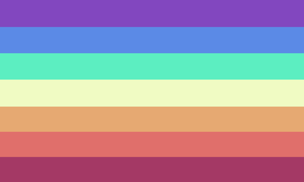 Flag with horizontal stripes that include bright-toned colors like purple, blue, green, yellow, orange, red, and red-pink.