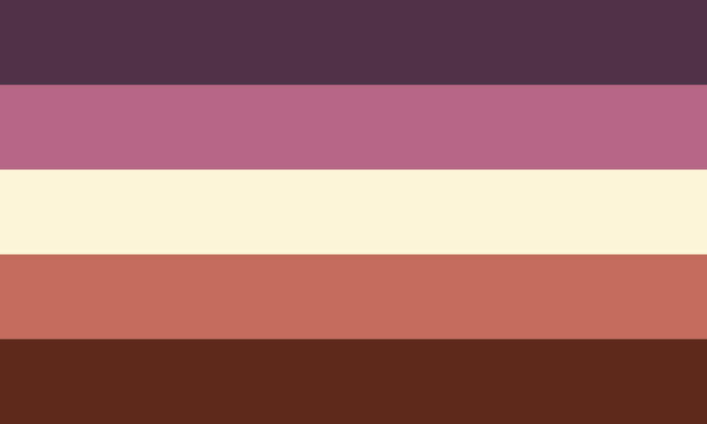 Flag with horizontal stripes that include a pinky mauve, a rosy pink, an eggshell yellow, a mandarin orange, and a burnt brown.