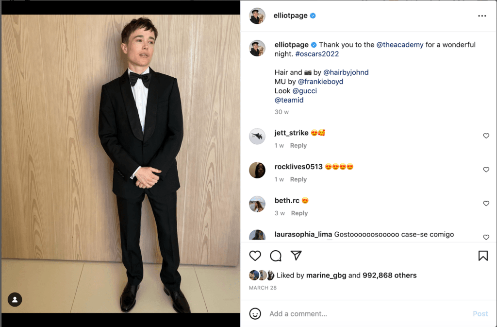  Instagram post of Elliot Page in a tuxedo for the 2022 Oscars alongside Instagram comments
