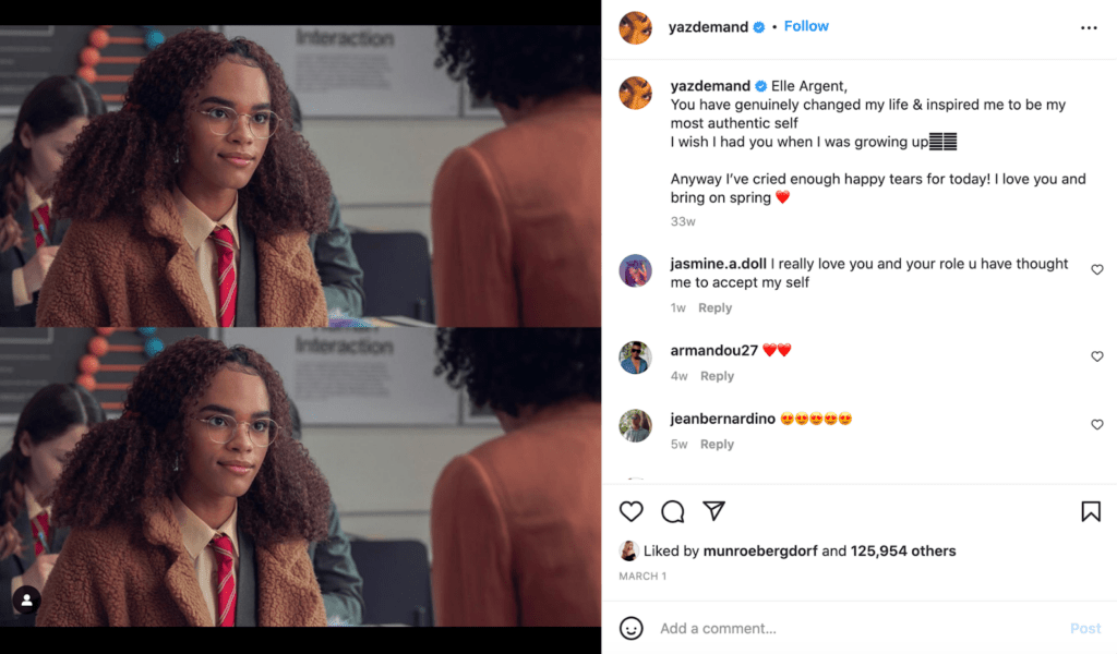 Yasmin Finney in school uniform as Elle Argent in Netflix’s Heartstopper 
