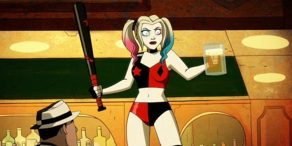 Harley Quinn is standing on a bar top, with a baseball bat in one hand and a beer in the other.