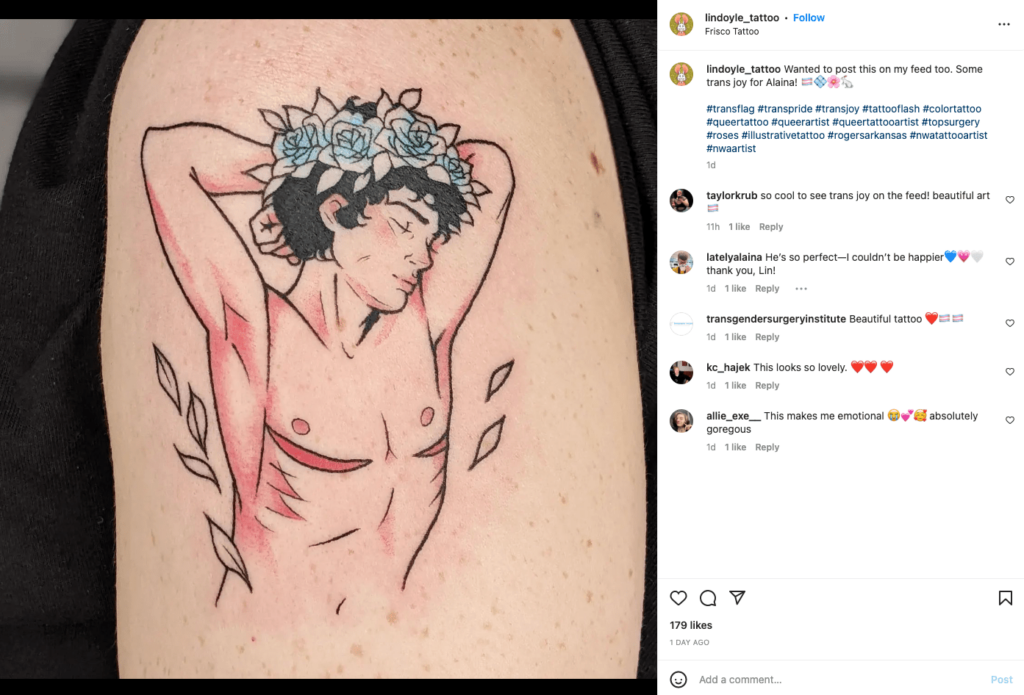 Lindoyle Tattoo shares trans joy in this tattoo showing the upper body of a person wearing a flower crown and showing their top surgery scars as they lift their arms. For more from this queer-friendly tattooist in Arkansas, find them on instagram at @lindoyle_tattoo.