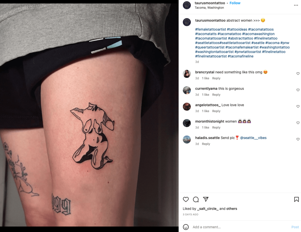 Get matching silhouette tattoos with your partner from queer fineline tattooist Chloe from Taurus Moon Tattoo, based in Tacoma, Washington.