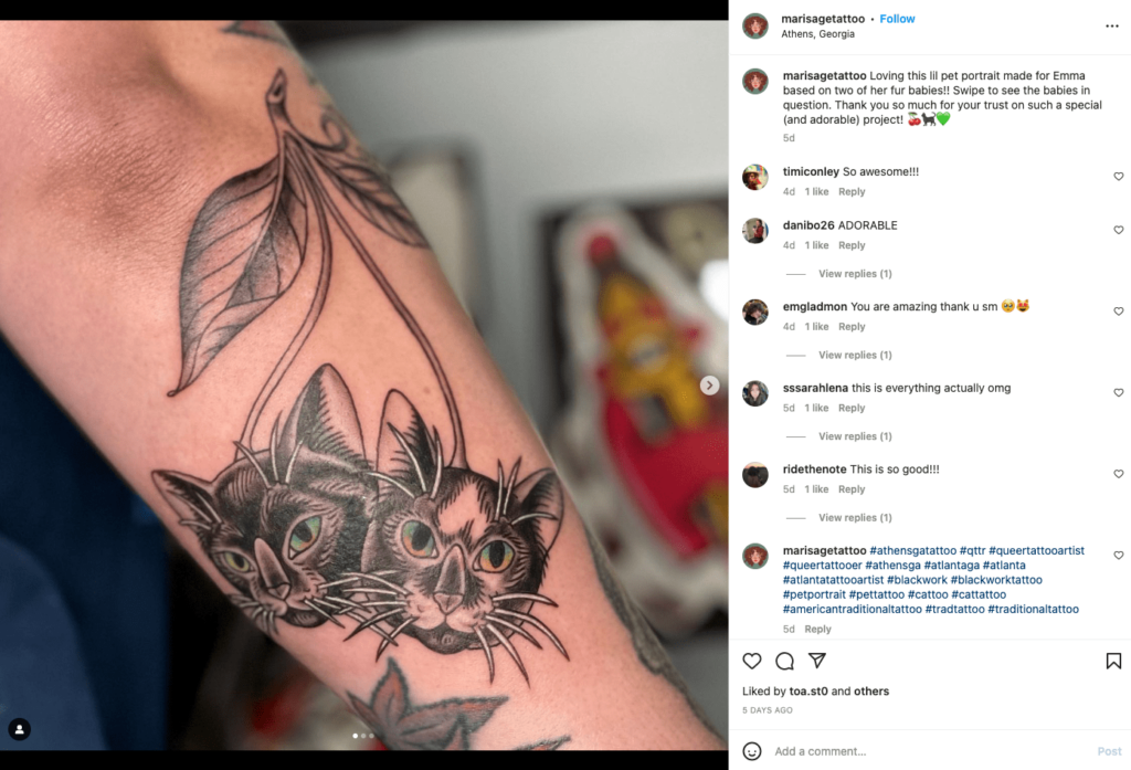 Mari Sage is a queer artist and tattooer based in Athens, Georgia, who can make your pet portrait live on your skin forever.
