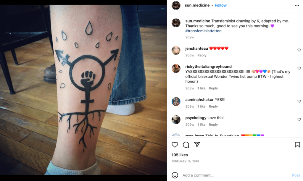 This transfeminist symbol was tattooed by tattooist Sarah Sun at the trans-friendly and woman-owned Balm Tattooing parlor in Grand Rapids, Michigan.
