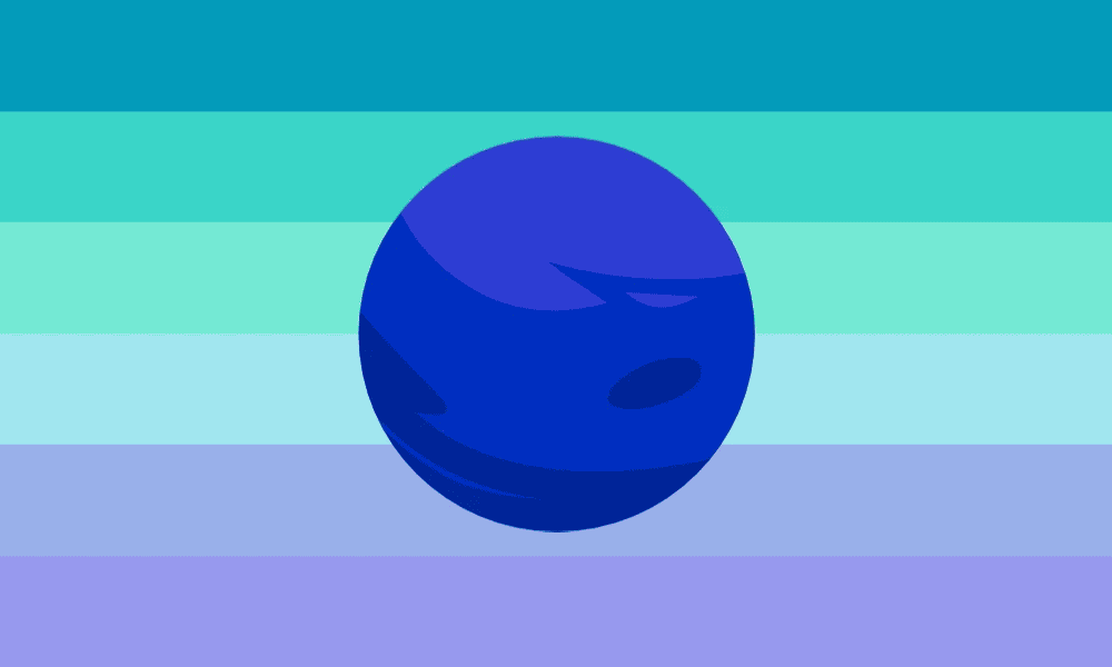 This neptunic flag has six horizontal stripes of varying shades of lilac, teal, and turquoise, but now has a blue circle with some shading, a circle meant to represent the planet Neptune.