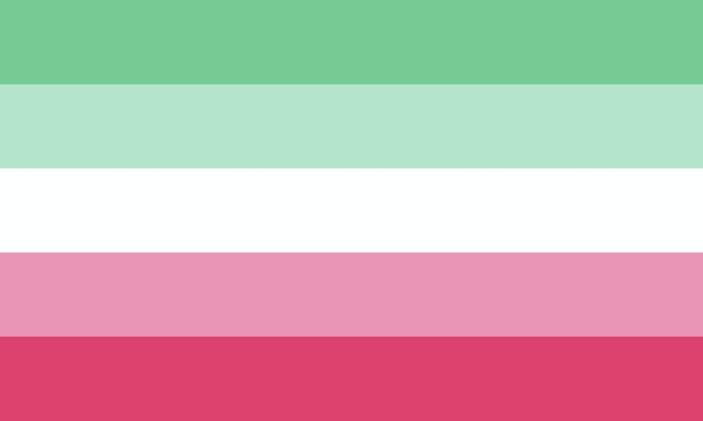 The original abrosexual flag has five horizontal stripes, ranging from green and light green, to light pink and pink, with a white stripe in the middle. The original designer of this flag is unknown, but it likely originated on Deviantart or Tumblr.