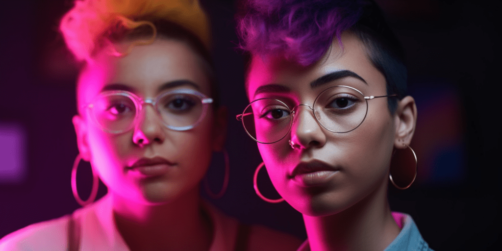 2 queer people wearing glasses and looking into the camera. pink lights glow