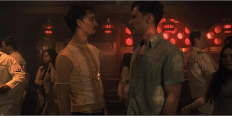 Robert Sheehan says Klaus Hargreeves from The Umbrella  Academy, shown in this image opposite his love interest, is pansexual, and the show depicts his relationship arcs as well as his relationship with his family.