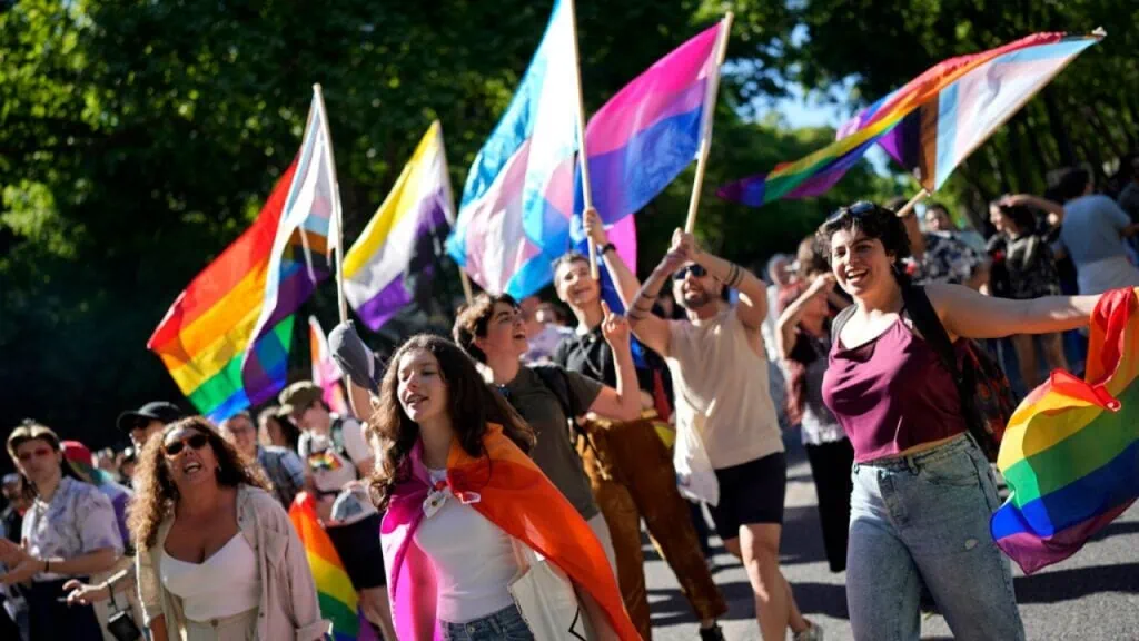 People carry different variations of the pride flag as they march at an LGBT Pride Parade.
