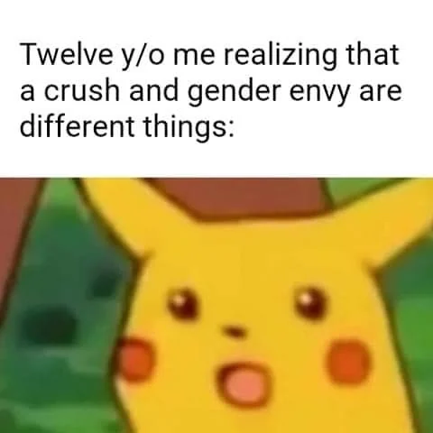 A meme featuring Pikachu with a shocked expression learning that gender envy and sexual attraction are different