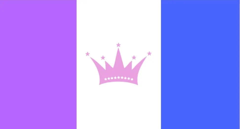 The drag pride flag has three horizontal stripes: purple, white, and blue. There is a pink crown superimposed in the center of the flag.
