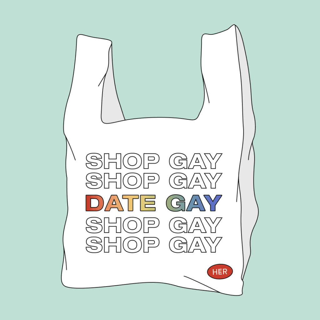 Illustration of grocery bag. Text says Shop Gay, Date Gay, and is repeated in a pattern