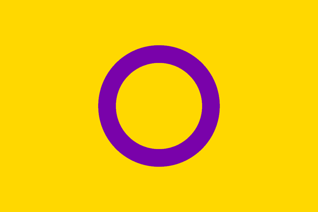 A purple circle is superimposed on a yellow background to show the intersex pride flag. 
