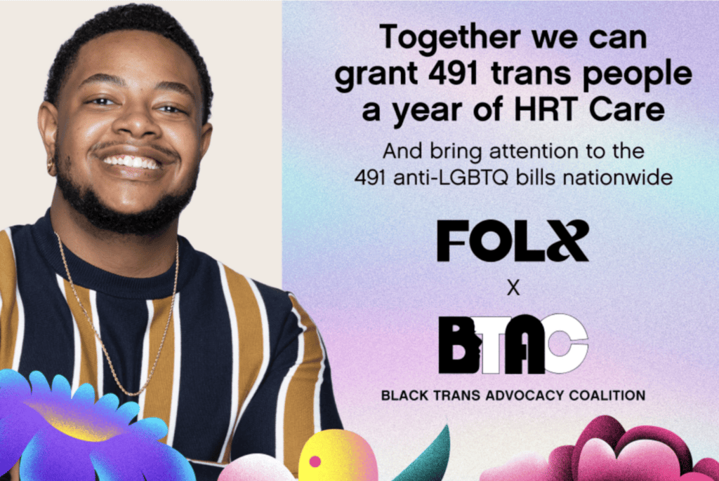 A transgender man smiling in promotional material for the FOLX Care Fund 2023.