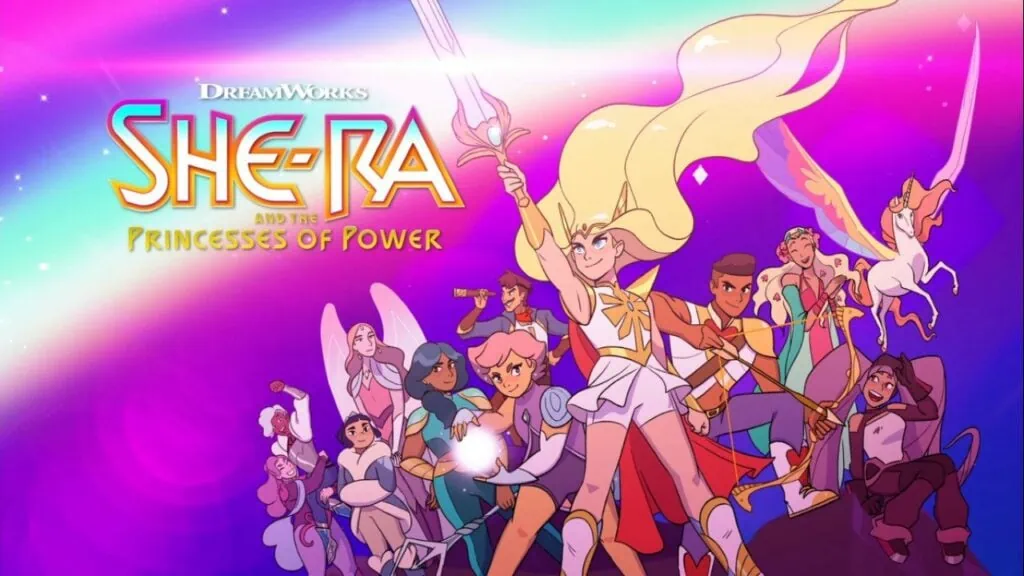The full cast of the new Dreamworks She-Ra and the Princesses of Power queer tv show on a rainbow background
