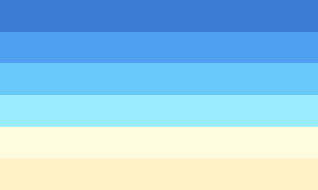 The uranic flag has four horizontal gradient stripes at the top going from deeper blue to lighter blue. The fifth and sixth stripe are light yellow colors.
