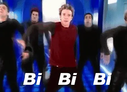 Gif from Bye, Bye, Bye music video by N*SYNC, but the subtitle reads Bi Bi Bi as in bisexual, instead of Bye, Bye, Bye as in goodbye.