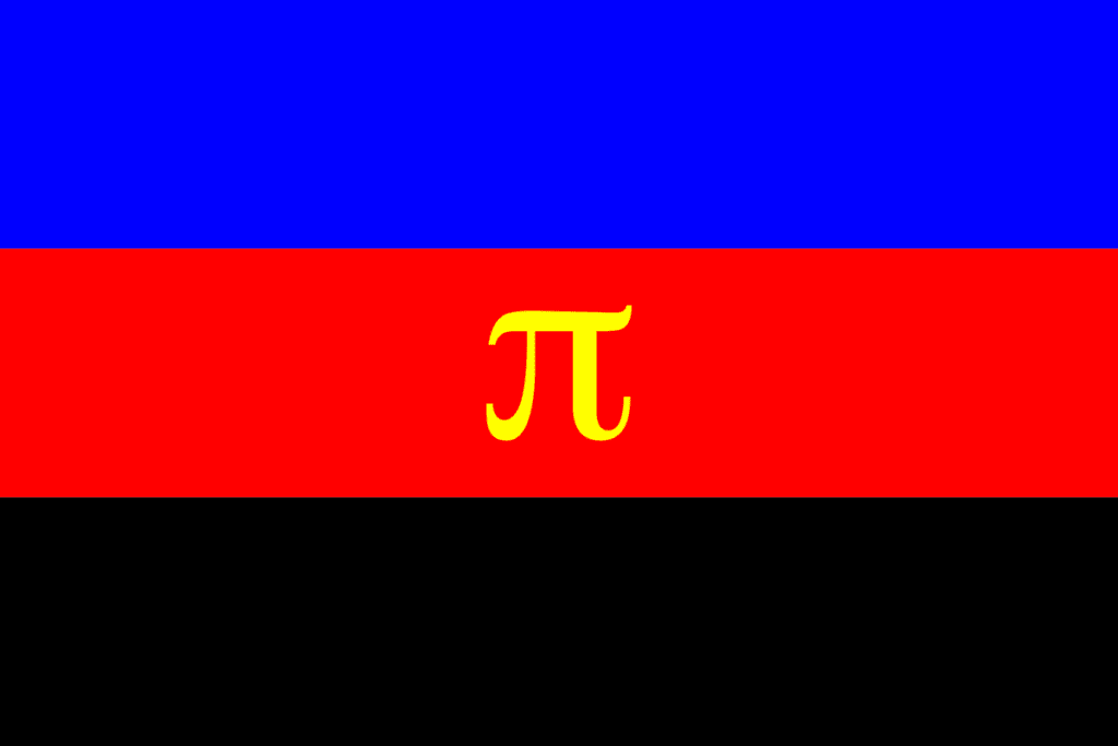 This polyamorous flag has three vertical stripes: blue, red, and black. It has a yellow pi symbol in the center of the flag. 
