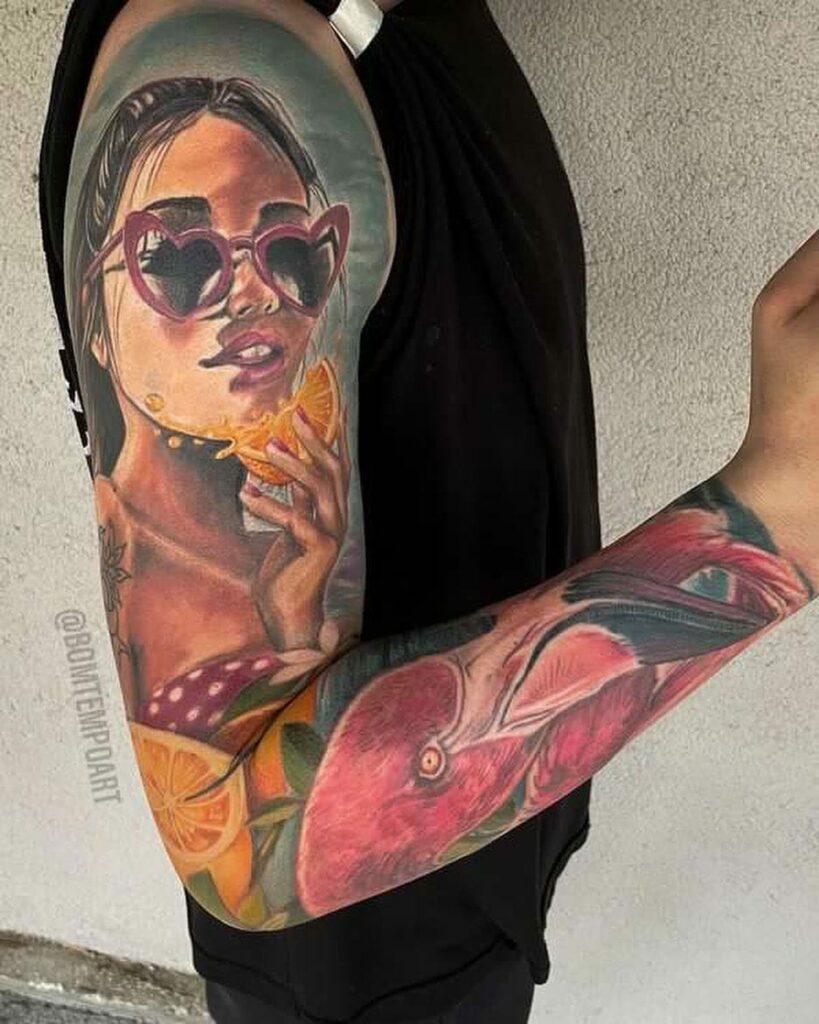 A queer color portrait tattoo by Leticia Bomtempo