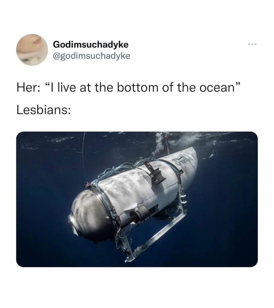 A lesbian dating meme showing a submersible going to the bottom of the sea showcasing about how far lesbians are willing to travel for love.