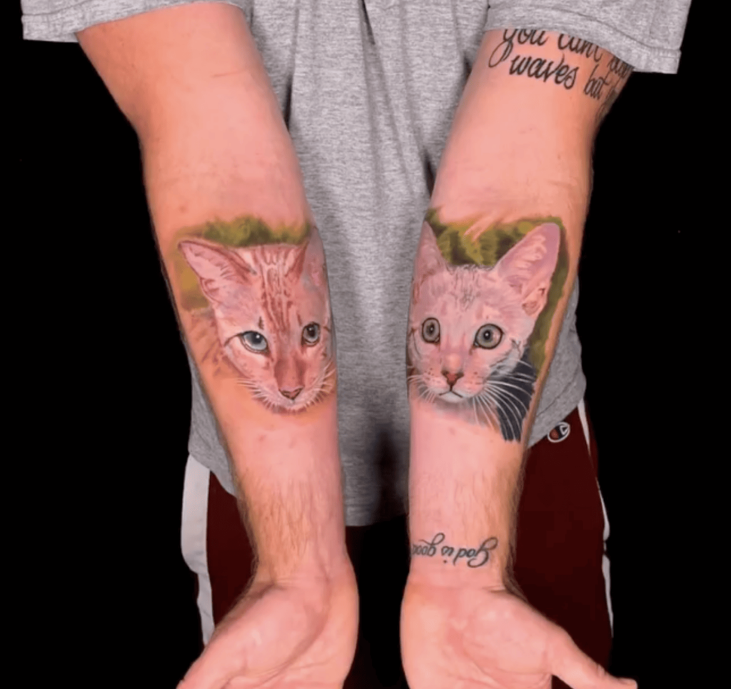 A kitten and cat tattoo from LGBTQIA+ tattoo artist Kari Barba