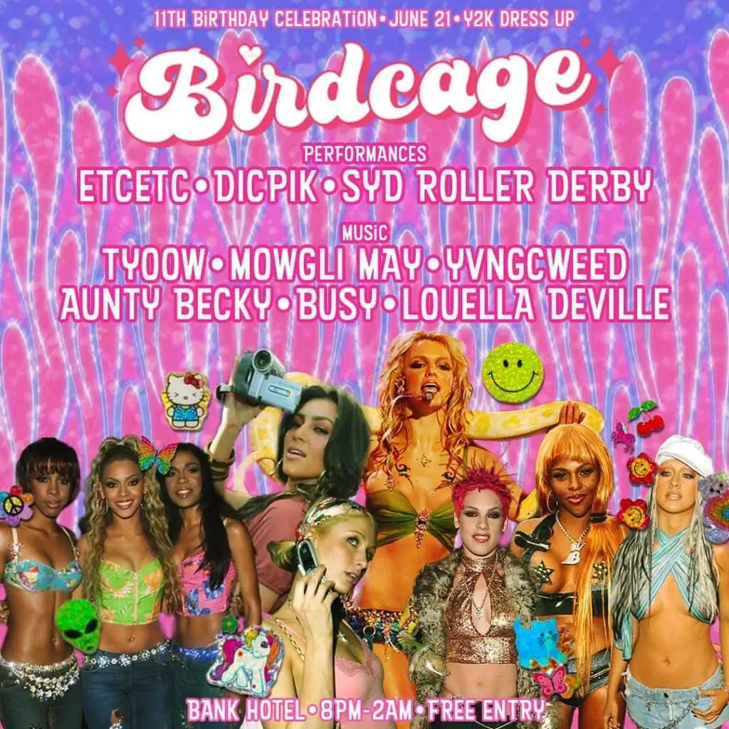 The psychedelic pink and blue 11th birthday celebration poster for the Birdcage party line in Sydney, Australia