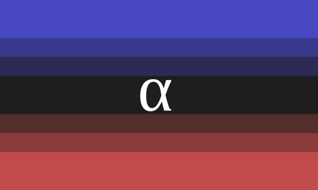 The ambiamorous flag featured gradient stripes moving horizontally downward from blue to black to red with the Greek letter alpha in the center of the black middle stripe.