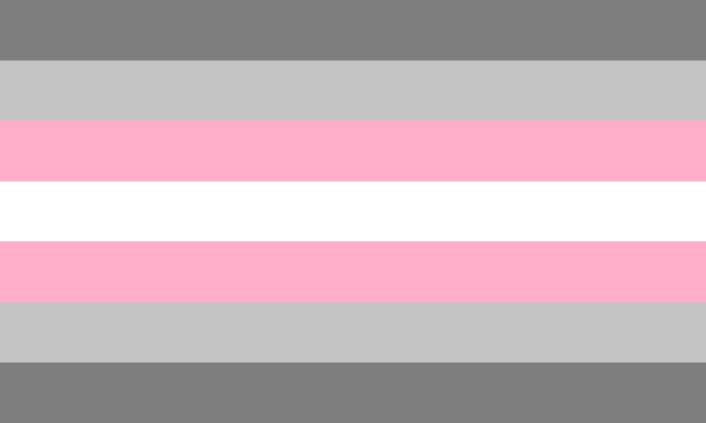 The demigirl pride flag has seven stripes, with the center stripe being white and the remaining colors — two of each — being pink, light gray, and dark gray.