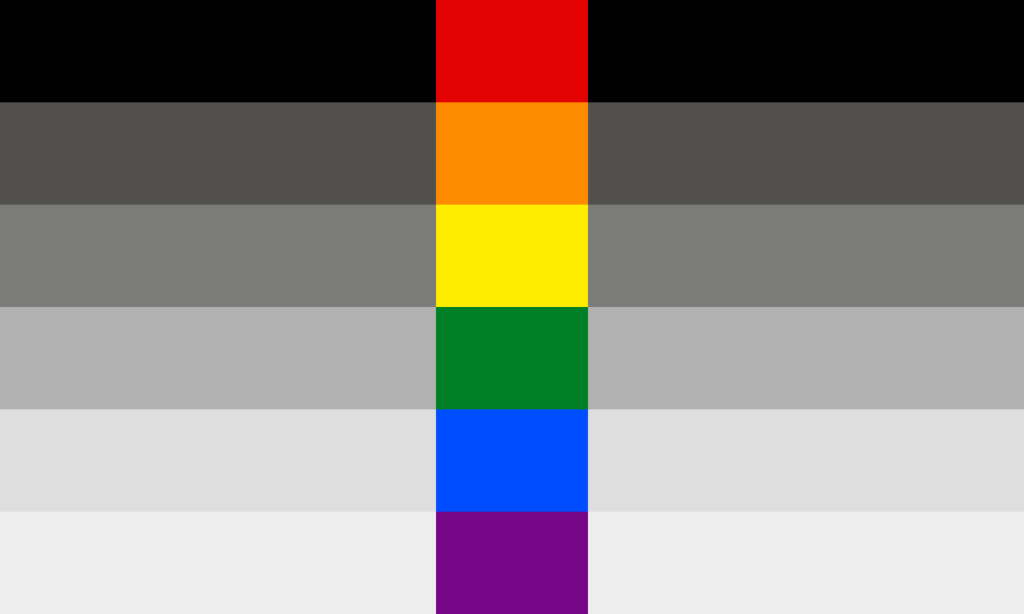 The heteroflexible flag has six horizontal lines that go from black to white in a gradient, but with a vertical column through the center that has the six colors of the gay pride flag.