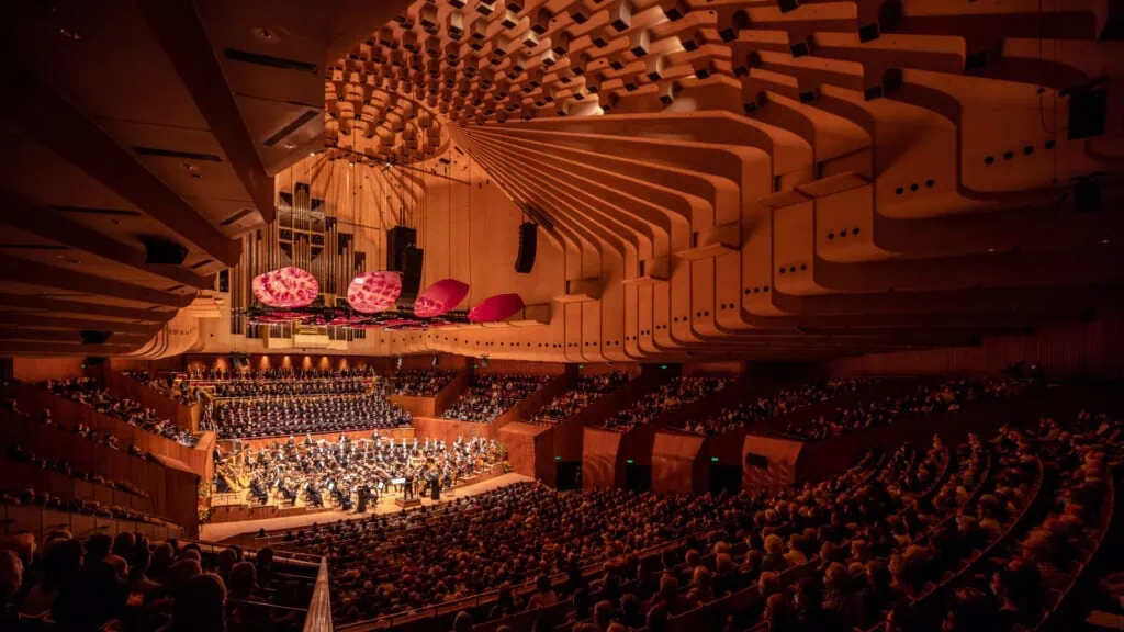 View of the main hall of the Sydney Opera House as part of a cute lesbian date evening