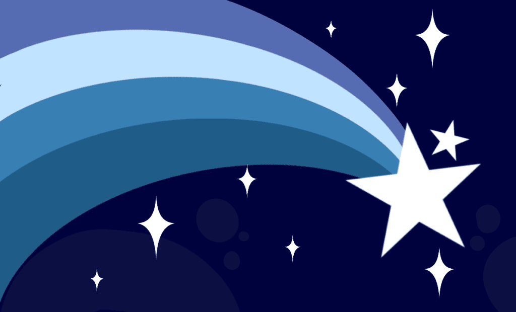 An alternate stargender flag that shows a white star with five points flying through space leaving a streak of blue behind it. Other four-point stars sparkle around it against the very dark blue background.