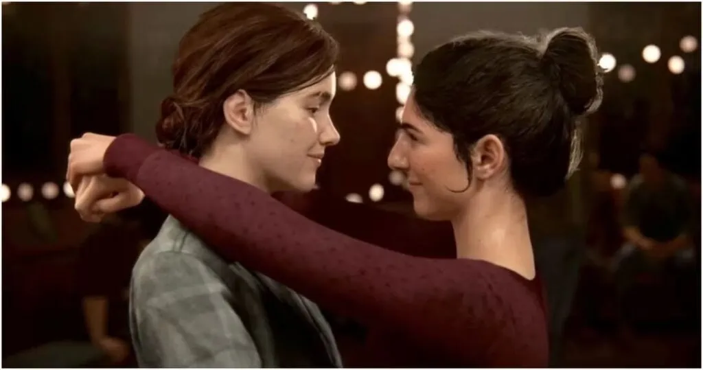 Characters from the videogame ‘The Last of Us,’ Ellie and Dina, slow dancing and looking at each other lovingly.