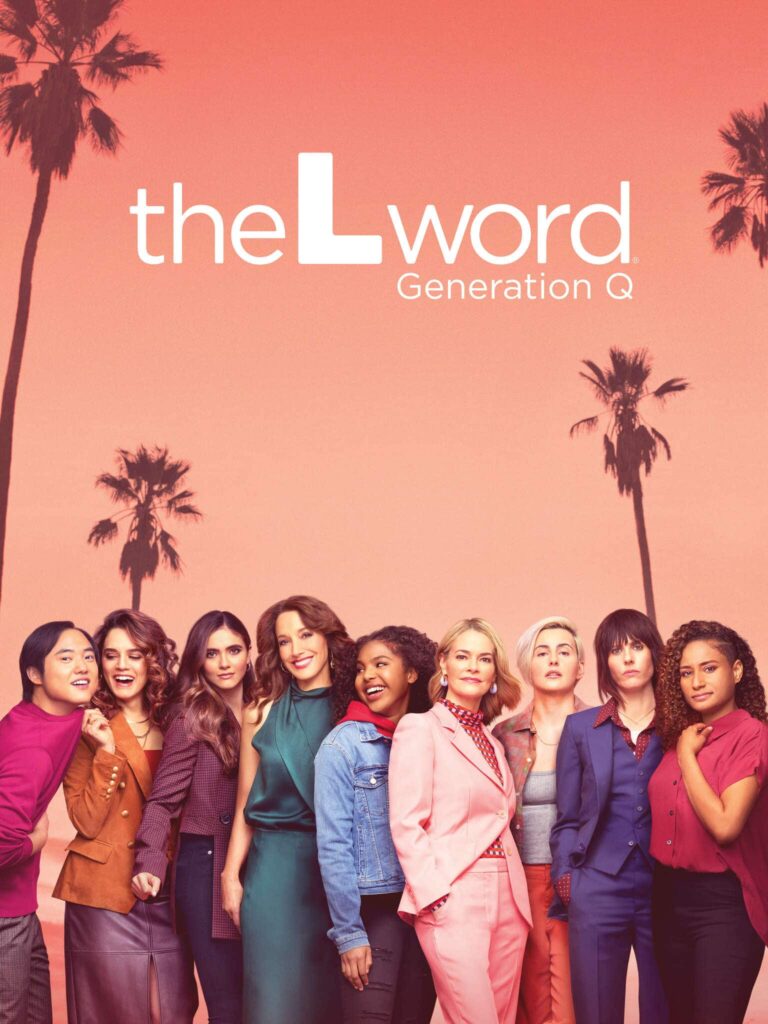 The cover photo for the L word Generation Q on a pink background featuring all the characters.
