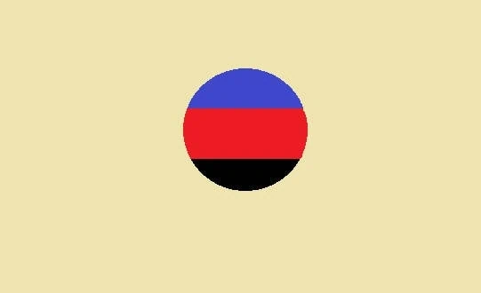 The polyamory flag is a circle with three colors filling it horizontally, the top is a purplish blue, the middle is red, and the bottom is black, it is against a pale yellow background.