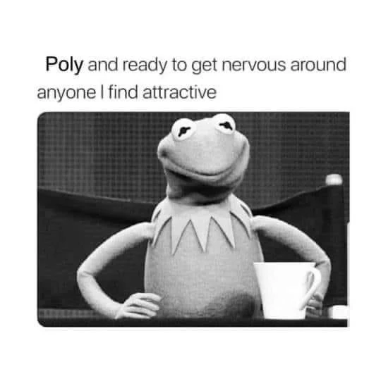 A hilarious polyamorous meme showing Kermit the Frog with a cup of coffee with text that reads “Poly and ready to get nervous around anyone I find attractive.”