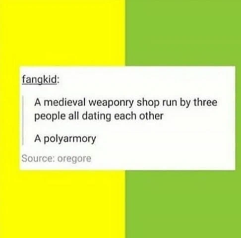 A Tumblr screenshot from fangkid in front of a yellow and green background that reads: “A medieval weaponry shop run by three people all dating each other?