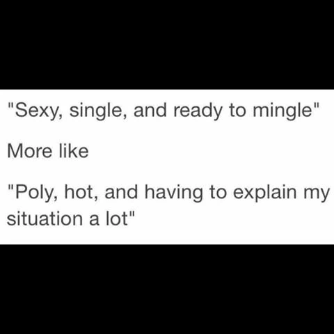 A polyamory meme that reads “Sexy, single, and ready to mingle?” More like, “Poly, hot and having to explain my situation a lot.” 