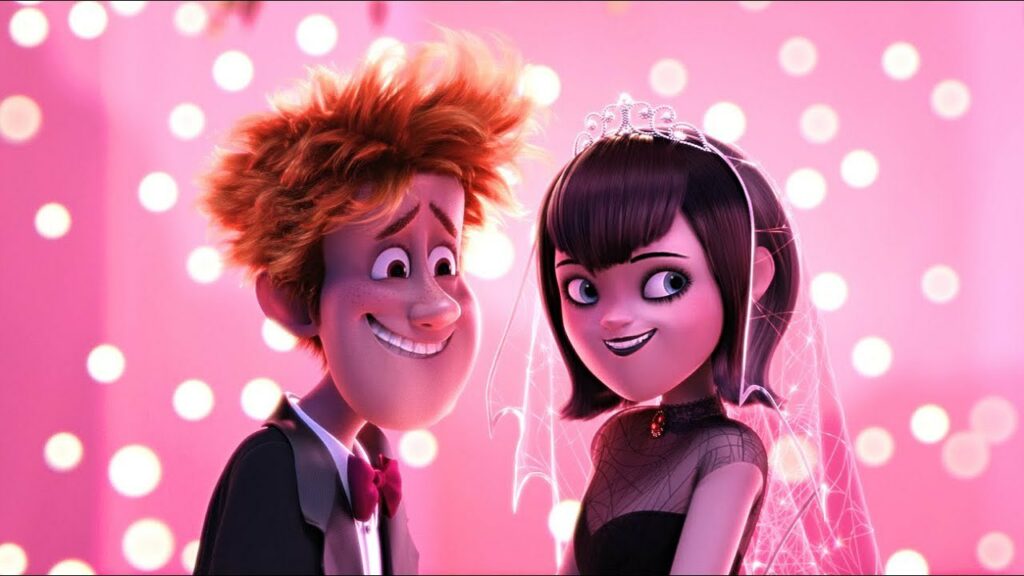 Characters from Hotel Transylvania Johnny and Mavis smiling at their wedding