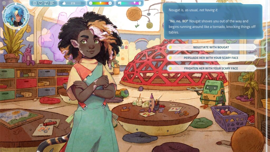 An elf-like character with colorful hair and clothes speaks to you as a main character in this simulation game that includes queer romances. 