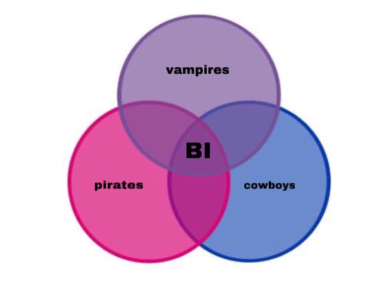 Venn diagram that includes three circles: pirates, vampires, and cowboys. “BI” is the middle point.