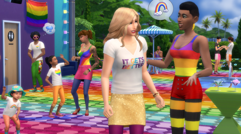 Two lesbians characters are shown in this screen capture of The Sims. The screenshot shows many motifs of rainbow colors throughout the Sims’ home. 