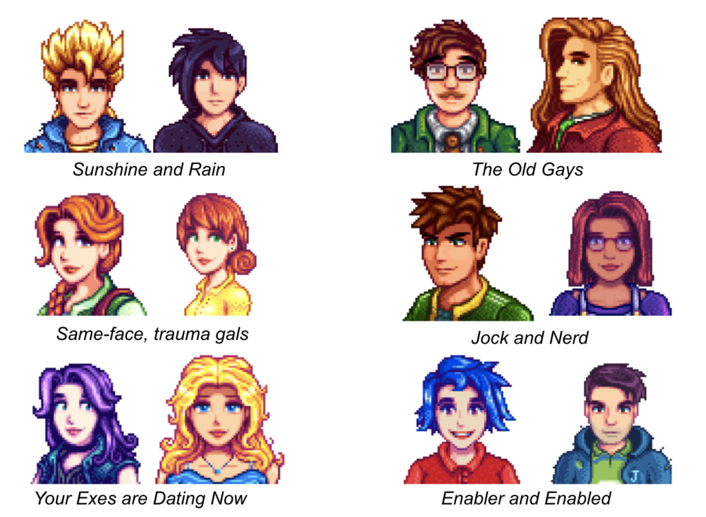A Reddit user headcanons different queer pairings of the 12 characters of Stardew Valley. 