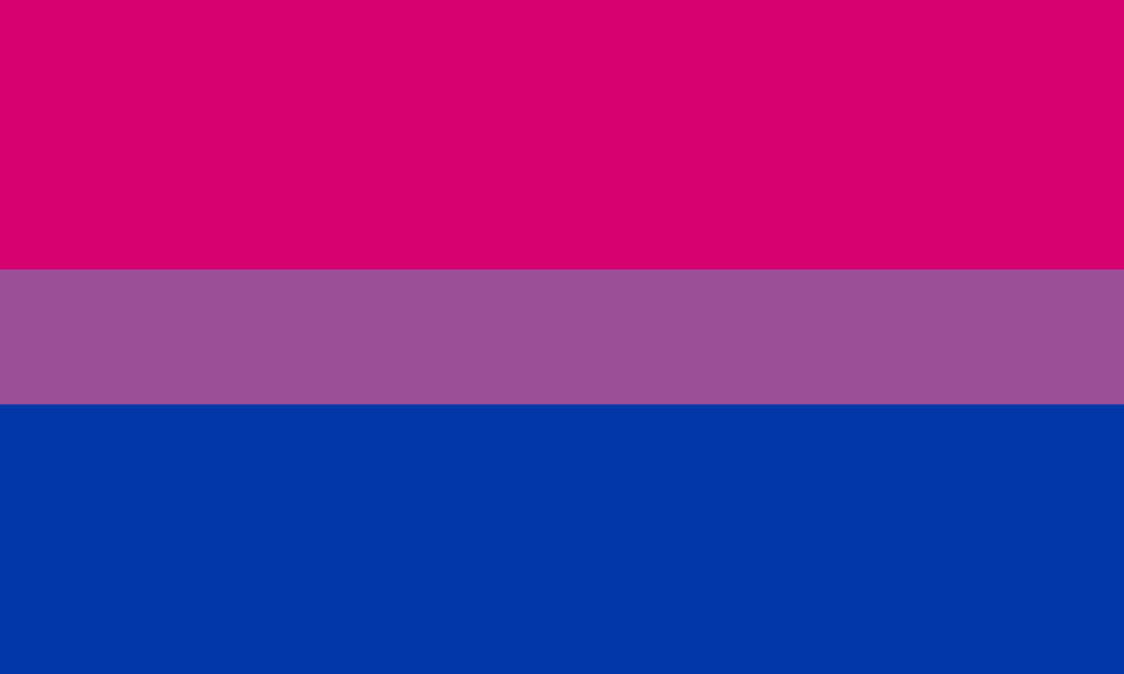 Bi pride flag with a fuschia, a purple, and a blue stripe.