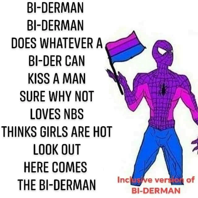  Spiderman drawn in bi coloring with a bisexual iteration of his theme song.
