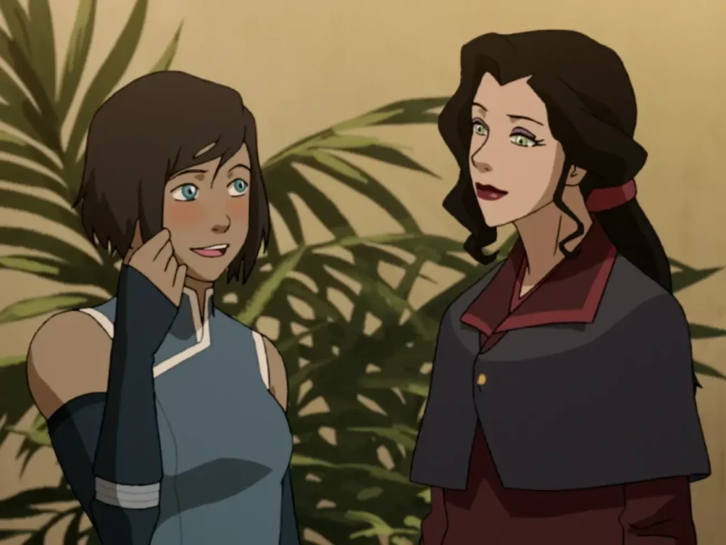 Korra from Avatar: The Legend of Korra flaunting her short hair in front of Asami.