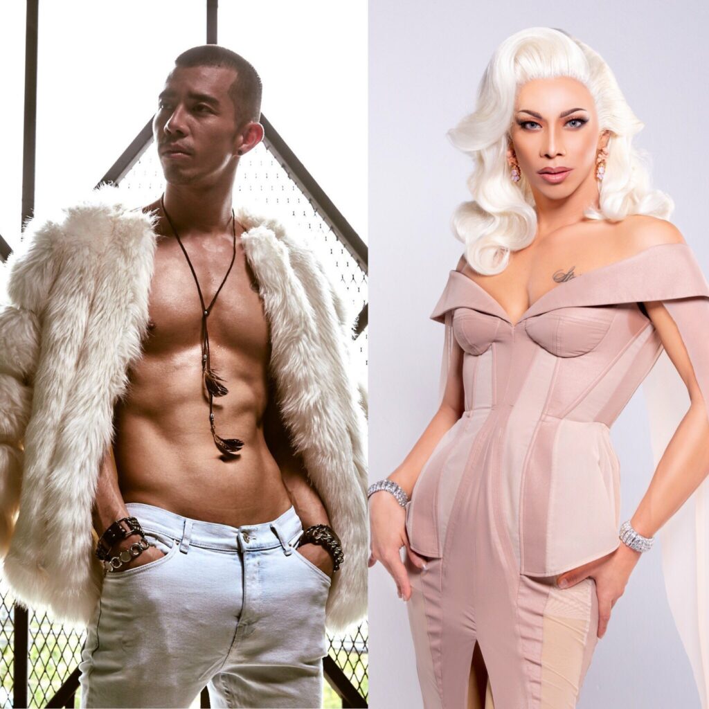 Pangina Heals in a masculine style, showcasing a toned six-pack, wearing a luxurious fur coat, exuding strength and confidence. Pangina Heals in a feminine avatar, donning a vibrant pink costume and a blonde wig, radiating elegance and glamour.
